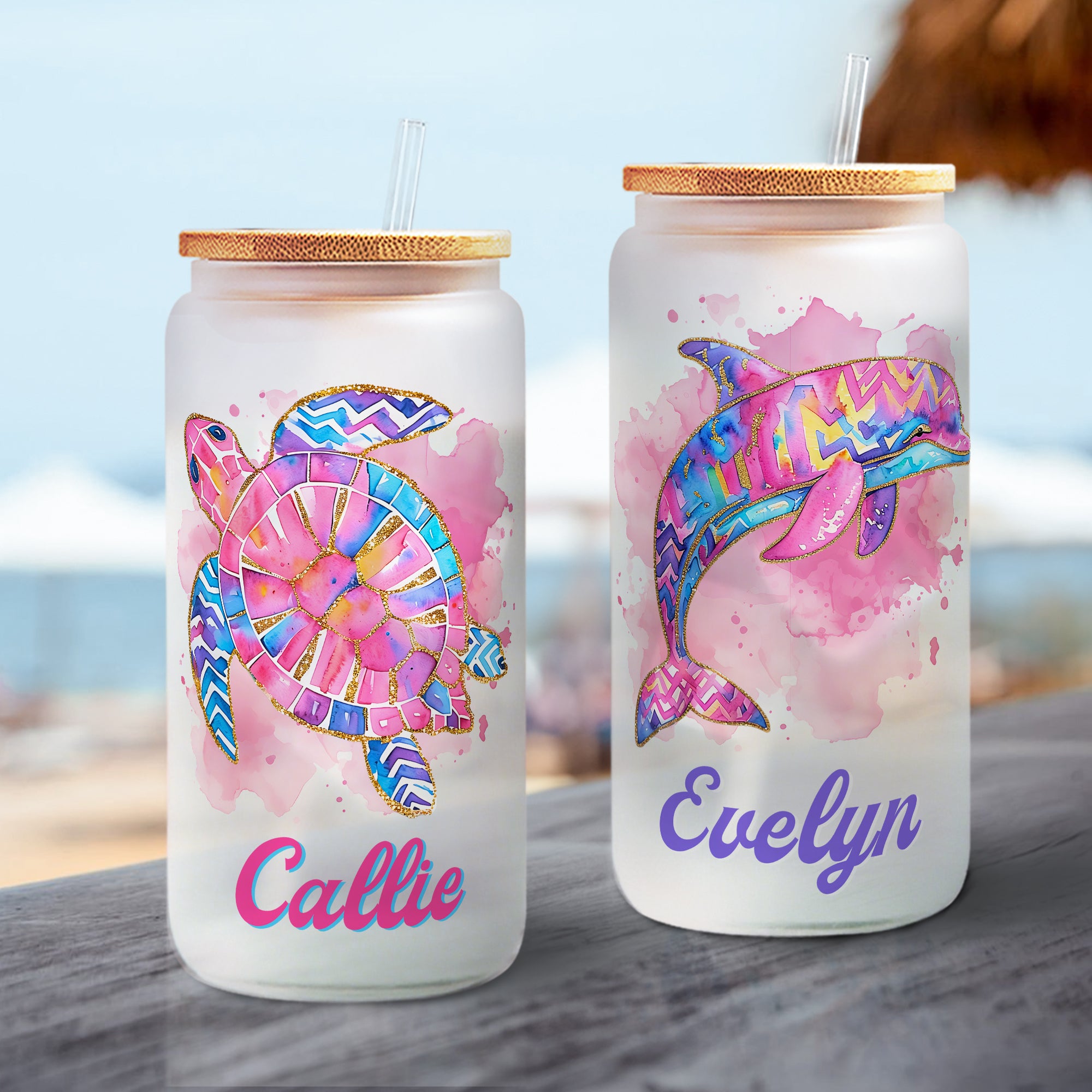 Vaso esmerilado de 20 oz con nombre y pajita personalizado de acuarela con elementos oceánicos Regalo de cumpleaños de viaje para amigos de la familia