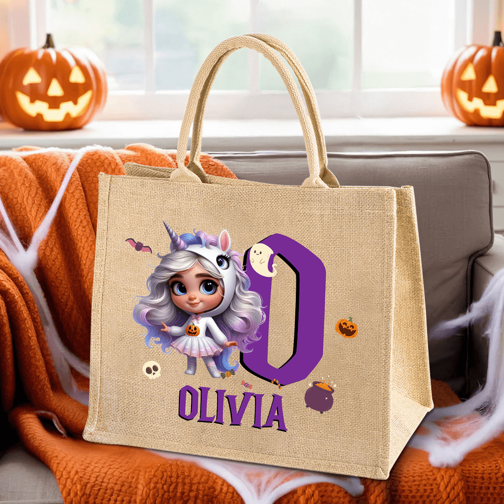 Halloween Personalizado 3D Caricatura Personaje Bolsa de Yute con Inicial y Nombre Truco o Trato Fiesta de Halloween Regalo para Niños Niñas