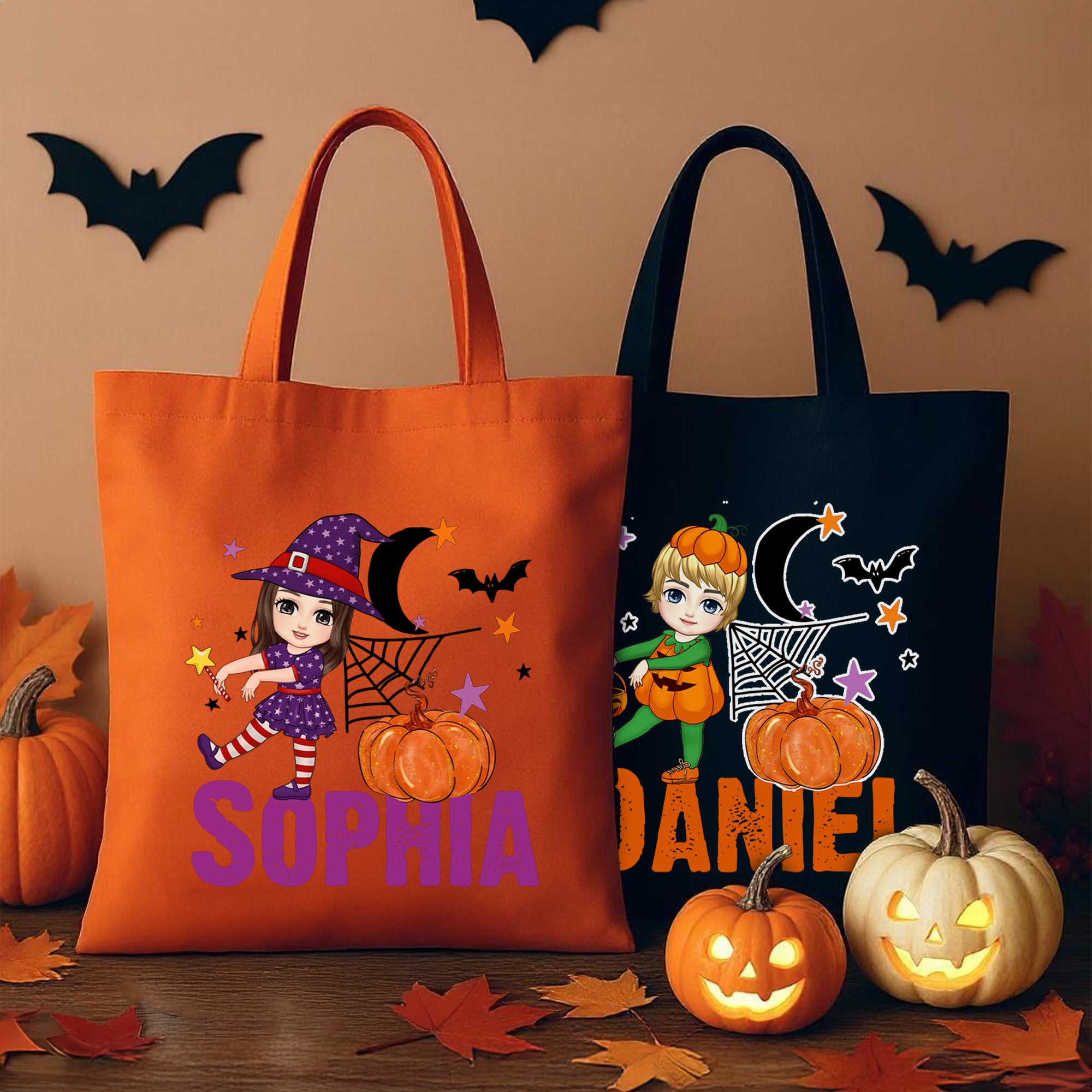 Personalizada Luna Calabaza Halloween Caricatura Personaje Grande Bolsa de Lona con Nombre Fiesta de Halloween Regalo para Niños Niñas