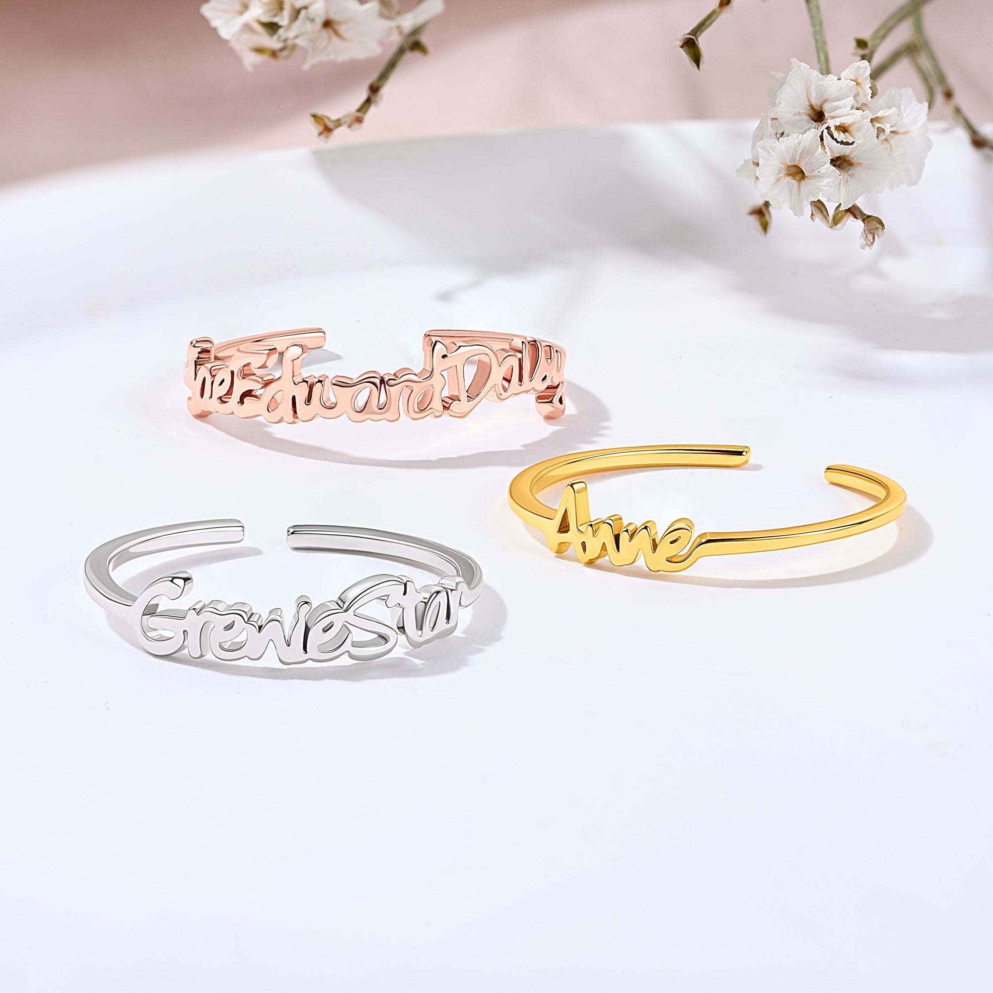 Personalizado estilo minimalista círculo abierto anillo de plata esterlina con 2-4 nombres cumpleaños aniversario regalo para la familia parejas