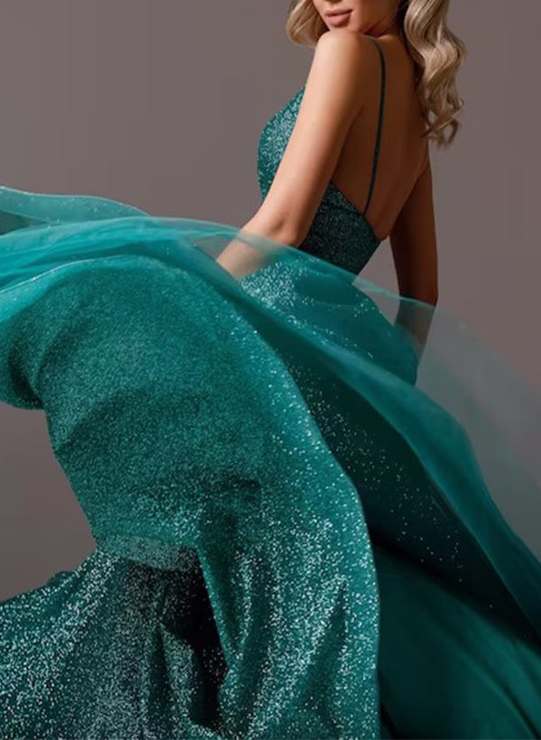 A-Line V-Neck Floor-Length Sequined Prom Dress With Pockets