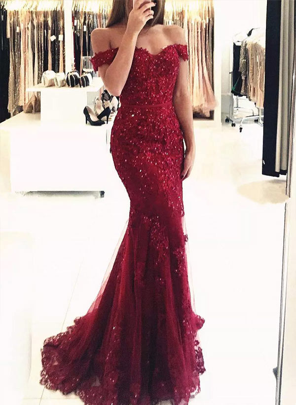 Trumpet/Mermaid Off-The-Shoulder Lace Floor-Length Evening Dress With Appliques Lace Beading