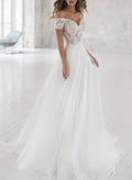 A-Line Off-The-Shoulder Short Sleeves Lace Tulle Court Train Wedding Dresses With Lace