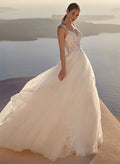 A-Line V-Neck Sleeveless Tulle Lace Chapel Train Wedding Dresses WIth Appliques Lace Pleated