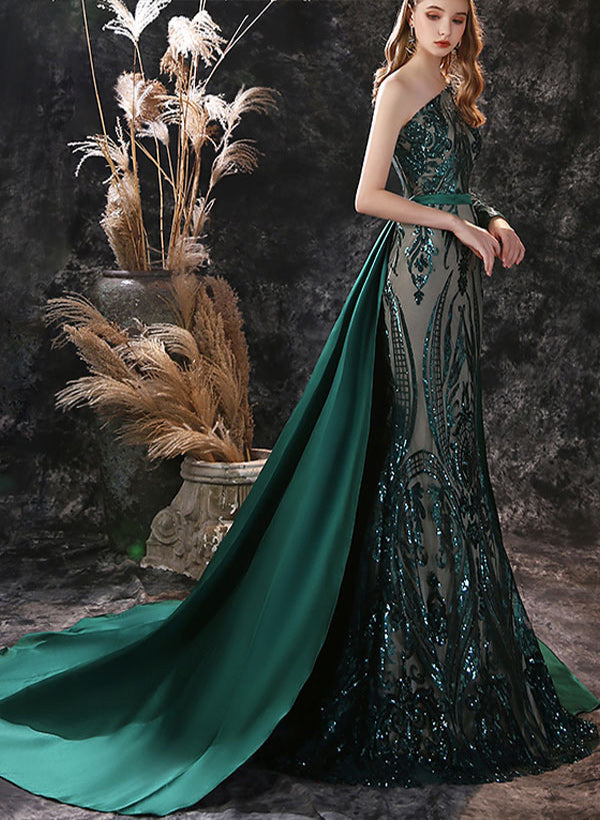 Trumpet/Mermaid One-Shoulder Long Sleeves Lace Court Train Evening Dresses With Lace