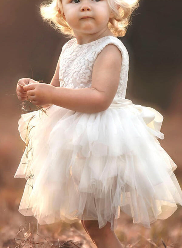Ball-Gown/Princess Scoop Neck Sleeveless Lace Tulle Knee-length Flower Girl Dress With Lace