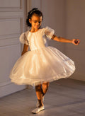 Ball-Gown/Princess Scoop Neck Short Sleeves Organza Tulle Knee-length Flower Girl Dress