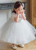 Ball-Gown/Princess Scoop Neck Short Sleeves Satin Tulle Tea-Length Flower Girl Dresses With Bow(s)