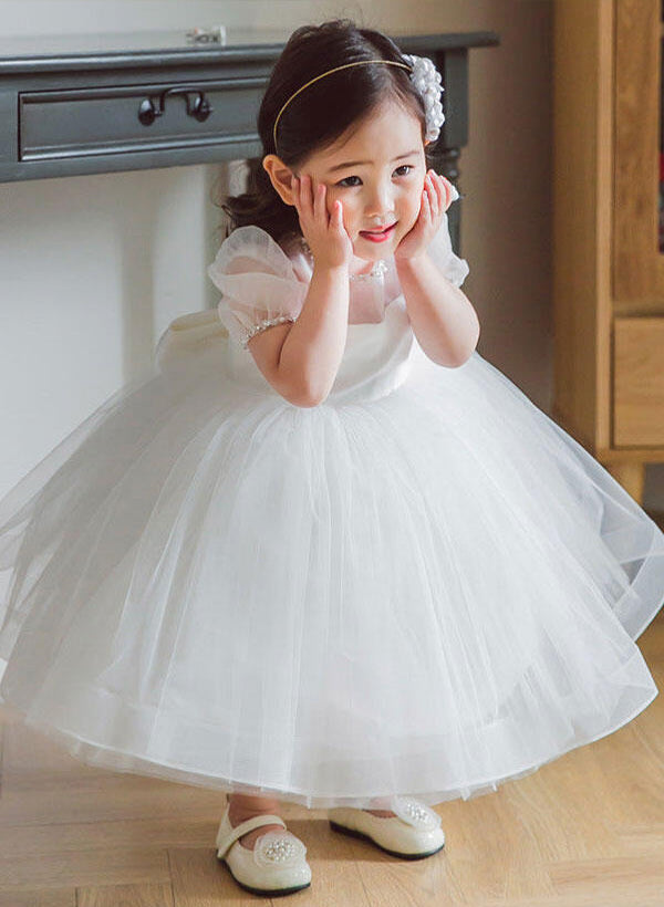 Ball-Gown/Princess Scoop Neck Short Sleeves Satin Tulle Tea-Length Flower Girl Dresses With Bow(s)