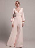Jumpsuit/Pantsuit V-Neck Long Sleeves Stretch Chiffon Floor-Length Evening Dresses
