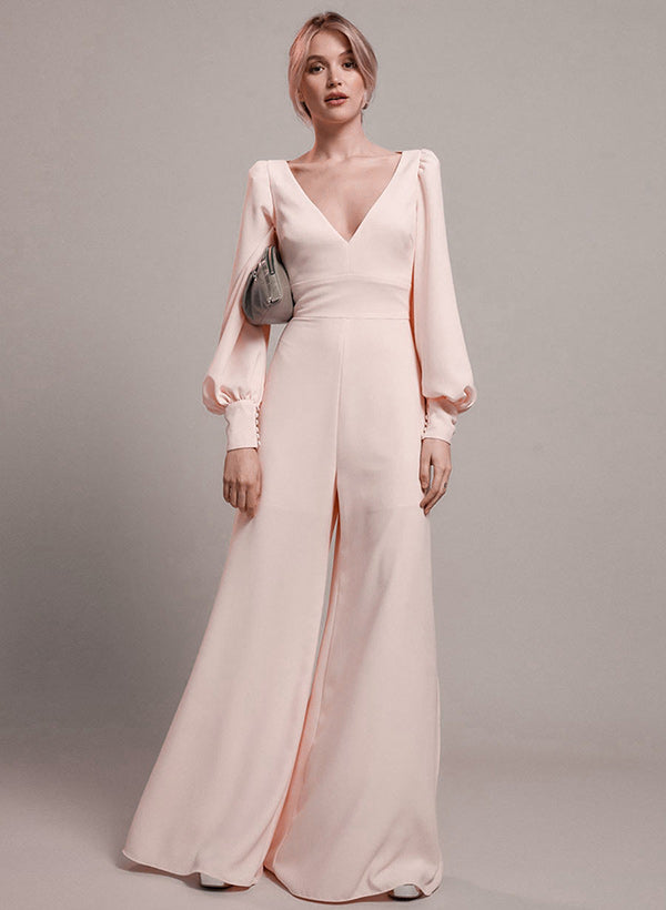 Jumpsuit/Pantsuit V-Neck Long Sleeves Stretch Chiffon Floor-Length Evening Dresses