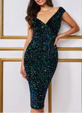 Sheath/Column Off-the-Shoulder Sequined Tea-Length Dress