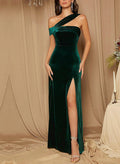 Sheath/Column One-Shoulder Velvet Floor-Length Prom Dress With Split Front