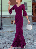 Trumpet/Mermaid V-Neck Lace 3/4 Sleeves Floor-Length Mother of Bride Dress