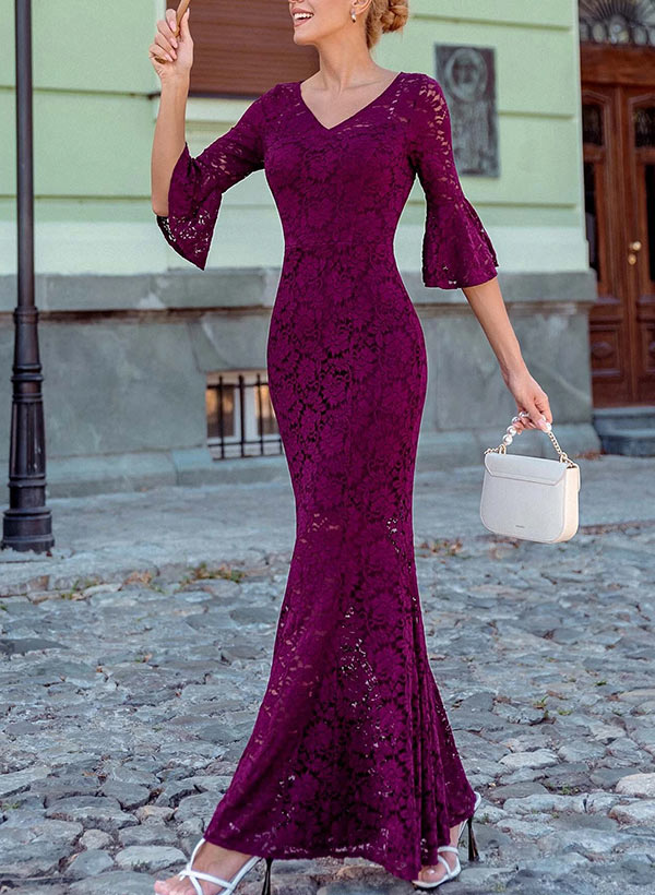Trumpet/Mermaid V-Neck Lace 3/4 Sleeves Floor-Length Mother of Bride Dress