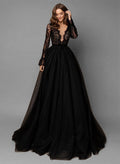 A-Line V-Neck Long Sleeves Lace Tulle Sweep Train Wedding Dresses With Lace