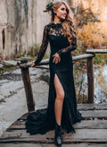 Sheath/Column High Neck Long Sleeves Lace Sweep Train Wedding Dresses With Split Front Lace