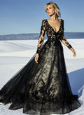 A-Line V-Neck Long Sleeves Lace Tulle Court Train Wedding Dresses With Lace