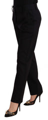 Women's Black Mid Waist Skinny Trouser Wool Pants Virgin Spandex
