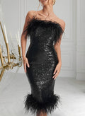 Sheath/Column Strapless Tea-Length Sequined Cocktail Dress