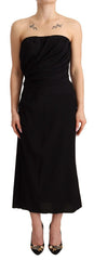 Women's Black Silk Stretch Strapless Sheath Midi Dress