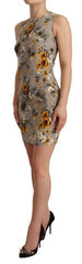 Women's Gray Silk Stretch Floral Sheath Mini Dress