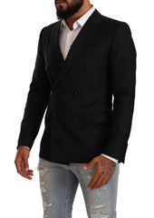 Men's Black Dotted Double Breasted Martini Jacket Virgin Wool Clothing