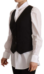 Women's Black Button Down Sleeveless Vest Polyester Top Wool Elastane