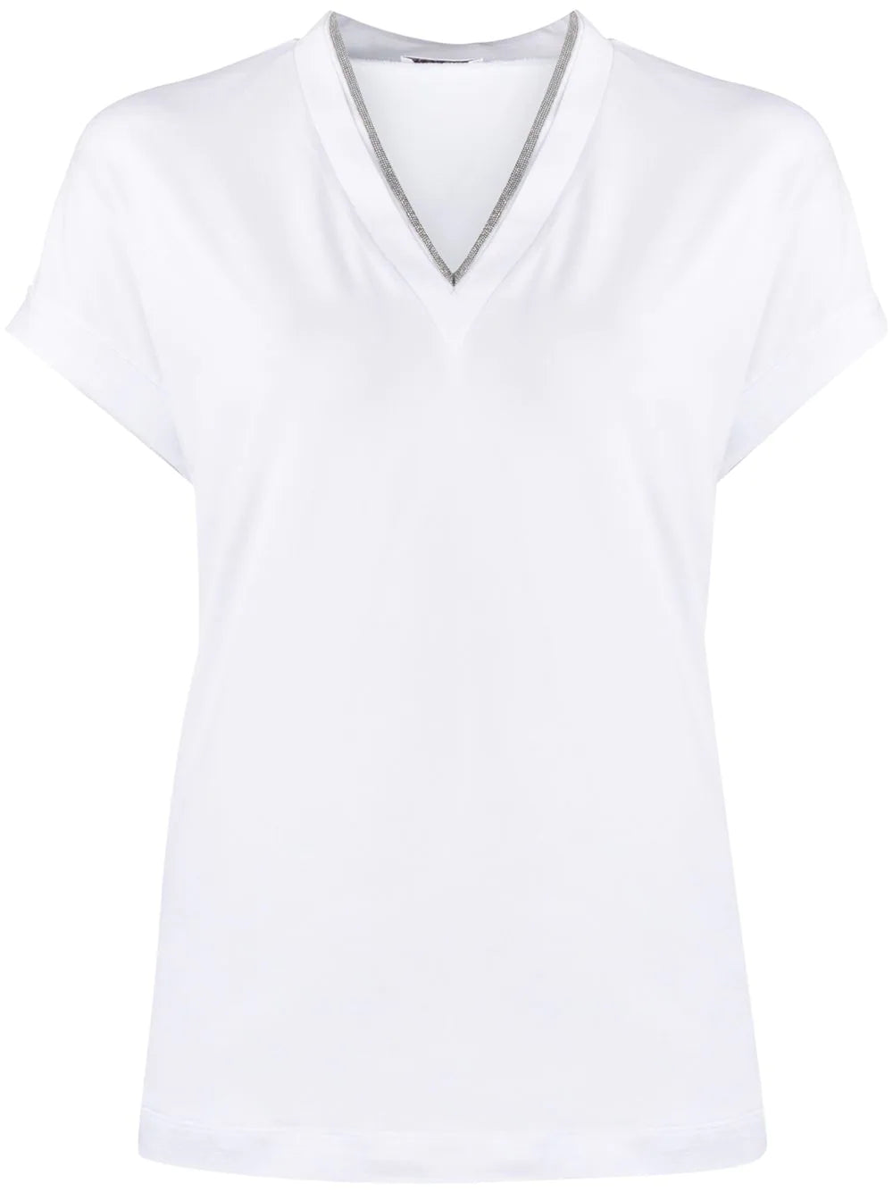 Brunello Cucinelli Silvery Trim V-Neck T-Shirt — White