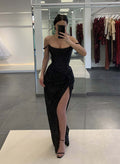 Sheath/Column Off-The-Shoulder Floor-Length Sequined Prom Dress With Split Front