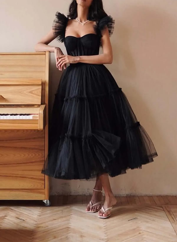A-Line Sweetheart Tea-Length Short Sleeves Cocktail Dress