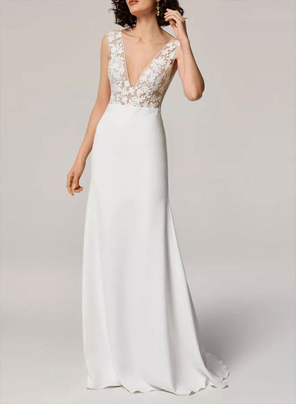 A-Line V-Neck Sleeveless Lace Sweep Train Wedding Dress With Lace