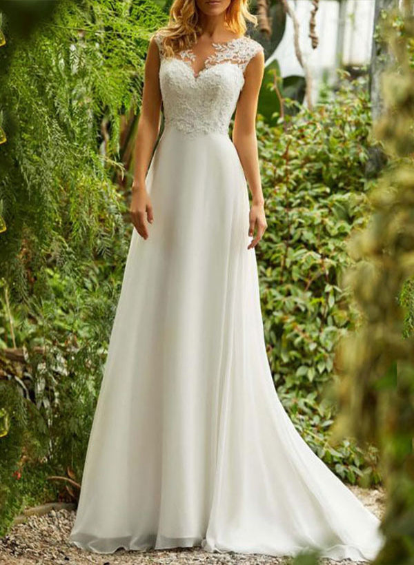 A-Line High Neck Sleeveless Chiffon Sweep Train Wedding Dress With Lace