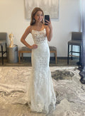 Sheath/Column Square Neckline Sleeveless Lace Sweep Train Prom Dress With Lace