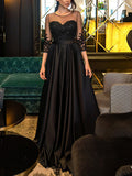 A-Line Illusion Neck Floor-Length Satin Lace Prom Dress With Appliques Lace