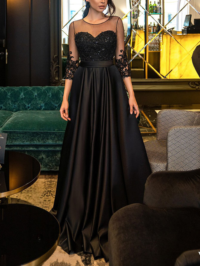 A-Line Illusion Neck Floor-Length Satin Lace Prom Dress With Appliques Lace