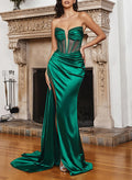 Sheath/Column Strapless Floor-Length Satin Prom Dress With High Split