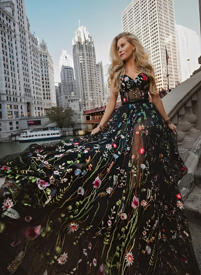 A-Line Sweetheart Floor-Length Lace Prom Dress