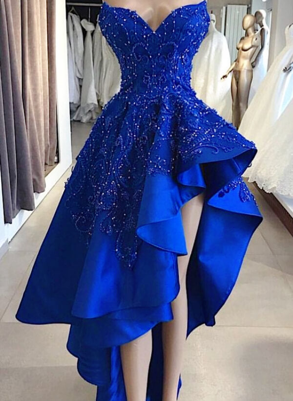 A-Line Sleeveless Strapless Satin Asymmetrical Prom Dress With Lace
