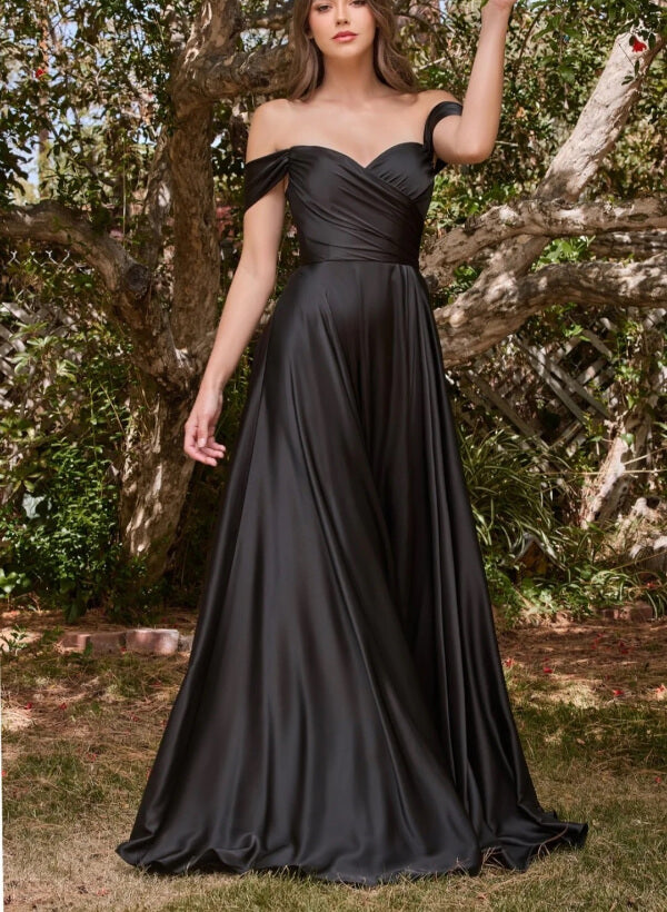 A-Line Off-The-Shoulder Sleeveless Silk Like Satin(Non-Stretch) Floor-Length Prom Dress