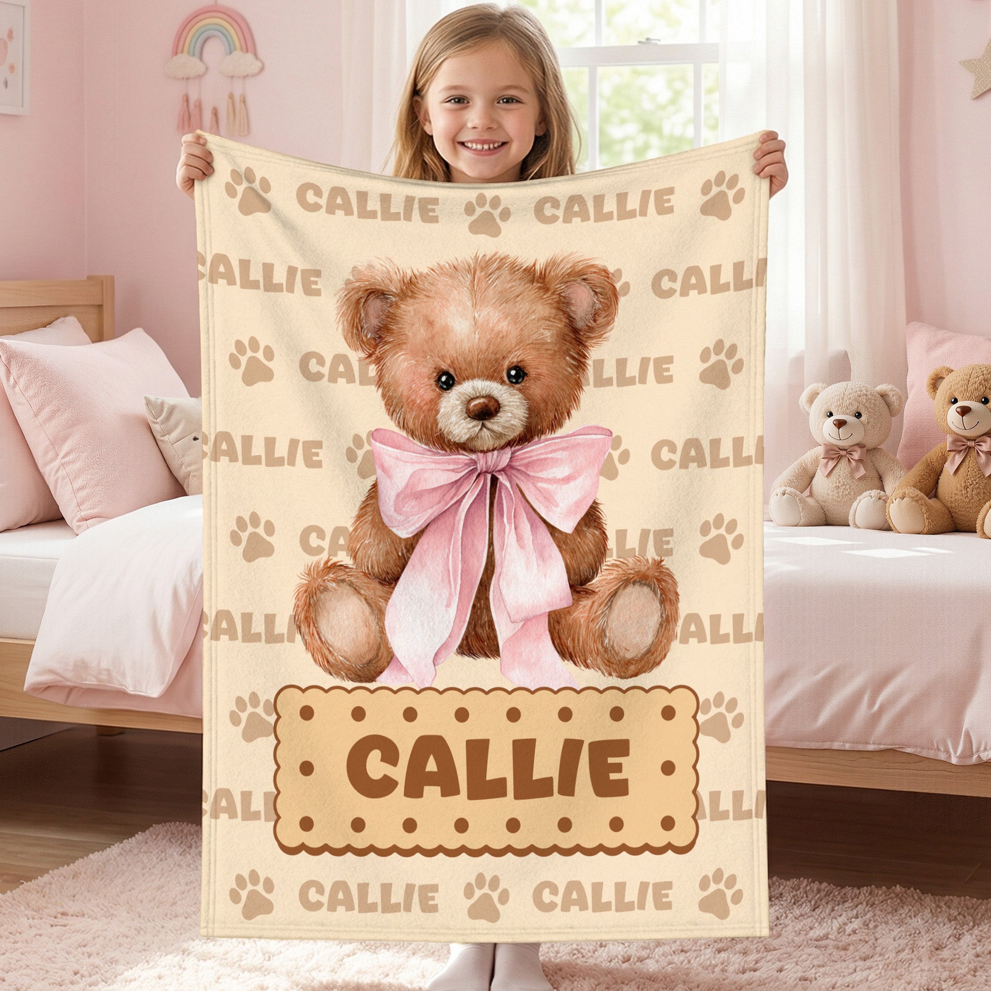 Personalizado lindo oso de peluche de impresión de la pata suave manta con el nombre de decoración del hogar regalo de cumpleaños para los niños