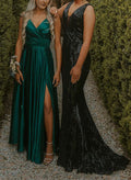 A-Line V-Neck Sleeveless Satin Floor-Length Prom Dress With Ruffle