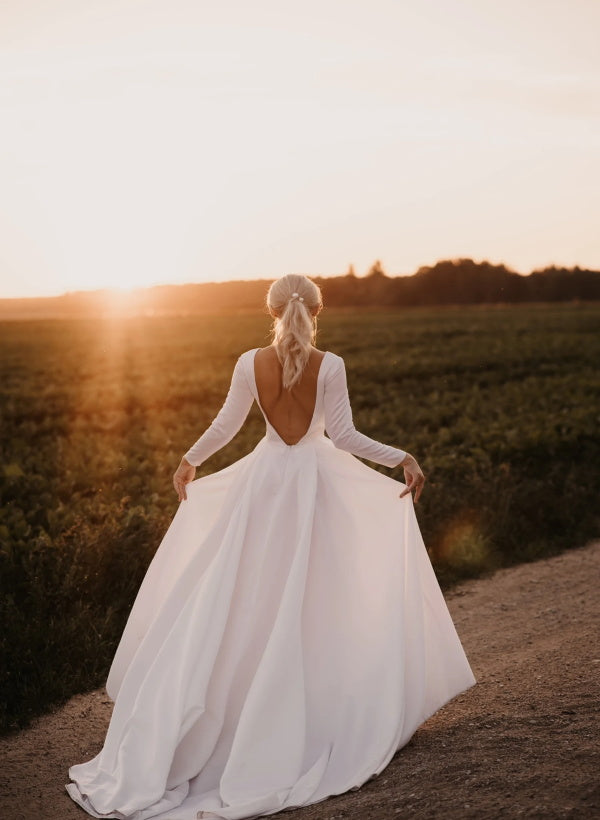A-Line Scoop Neck Long Sleeves Satin Sweep Train Wedding Dress