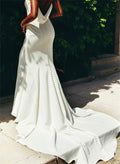 Trumpet/Mermaid V-Neck Sleeveless Elastic Satin Sweep Train Wedding Dress With Cascading Ruffles