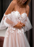 A-Line Sweetheart Short Sleeves Tulle Lace Sweep Train Wedding Dress