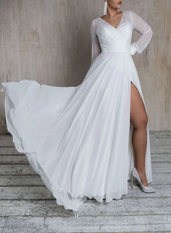 A-Line V-Neck Long Sleeves Chiffon Floor-Length Wedding Dress