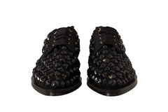 Women's Black Lace Up Studded Formal Flats Shoes Gros Grain
