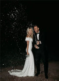 Trumpet/Mermaid Off-The-Shoulder Sleeveless Satin Sweep Train Wedding Dress