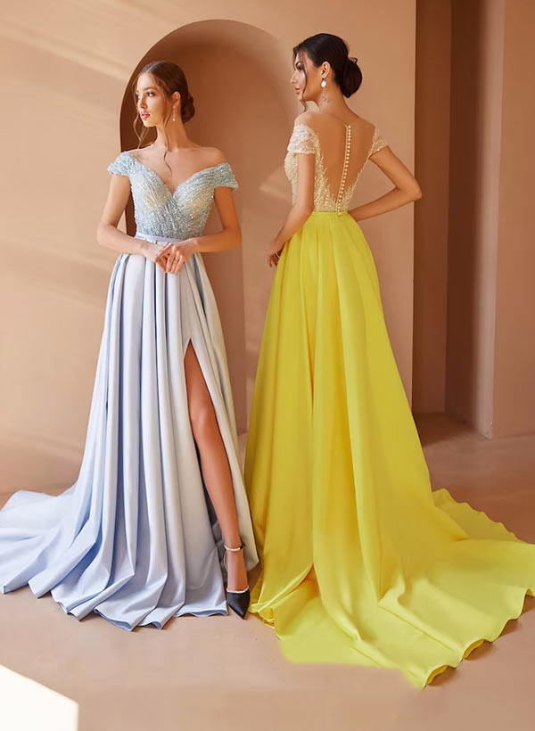 A-Line Illusion Neck Sweep Train Satin Prom Dress With Split Front/Lace/Sequins