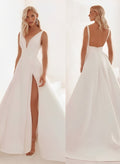 A-Line V Neck Sweep Train Satin Wedding Dress With Split Front